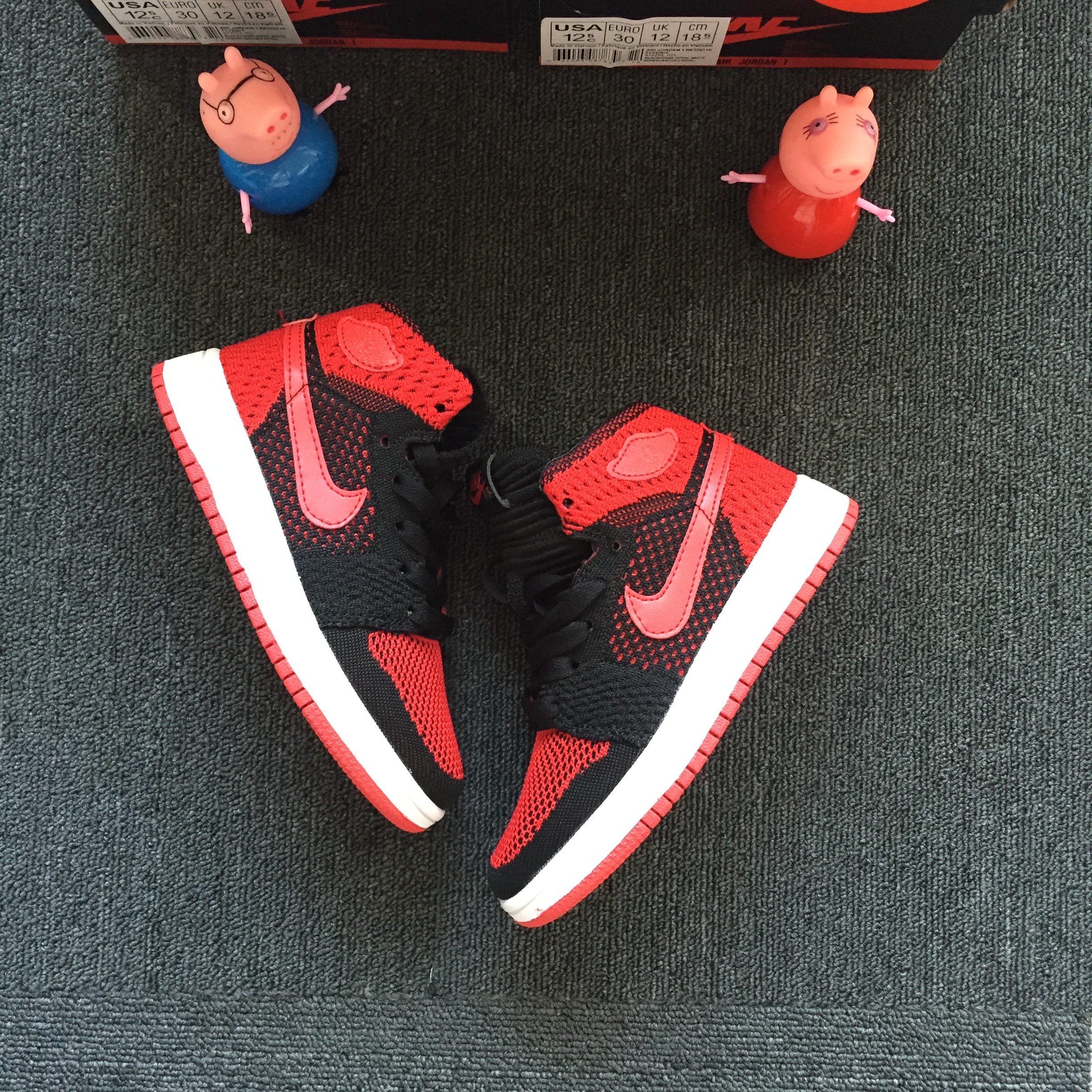2018 Kids Jordan 1 Flyknit Bred Red Black Shoes